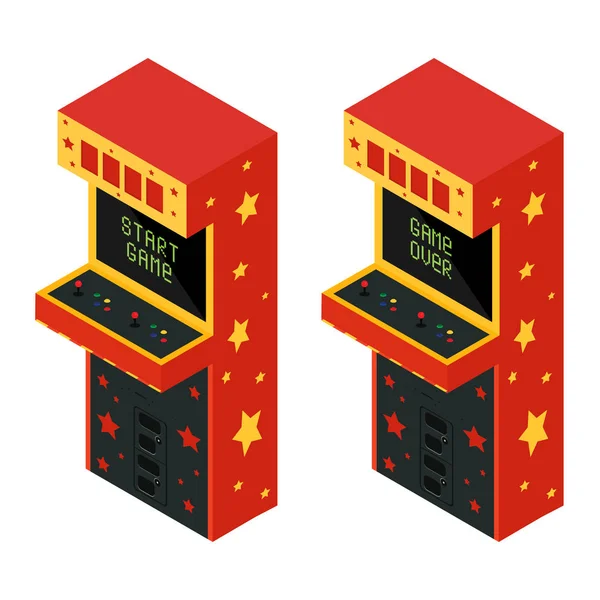 Raster isometric two retro arcade game machine icon. Gaming machine with text game over and start game