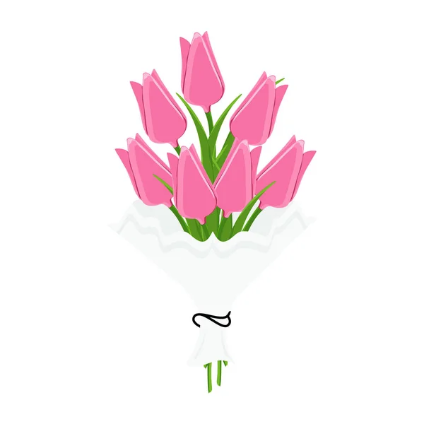 美丽的花束在白色背景的郁金香花 春天的花朵上长着绿叶装饰着的蝴蝶结 光栅插图手绘图案图形图标 — 图库照片