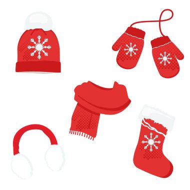 Kırmızı kış giysileri ile kar tanesi. Örgü şapka, Noel çorap, kulak muffs eşarp ve eldiven. Raster Icon set
