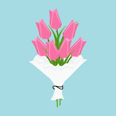 Güzel buket Lale çiçek mavi zemin üzerine. Bahar çiçekleri uzun yeşil yaprakları ile dekore edilmiş yay. Raster illüstrasyon el çizilmiş desen grafik simge.