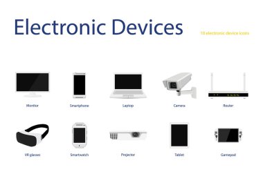 Raster illüstrasyon gerçekçi bilgisayar monitör, dizüstü bilgisayar, tablet, gamepad, Vr gözlük, fotoğraf makinesi, smartwatch ve cep telefonu. Elektronik aygıtı, aygıt mockup ayarla. 