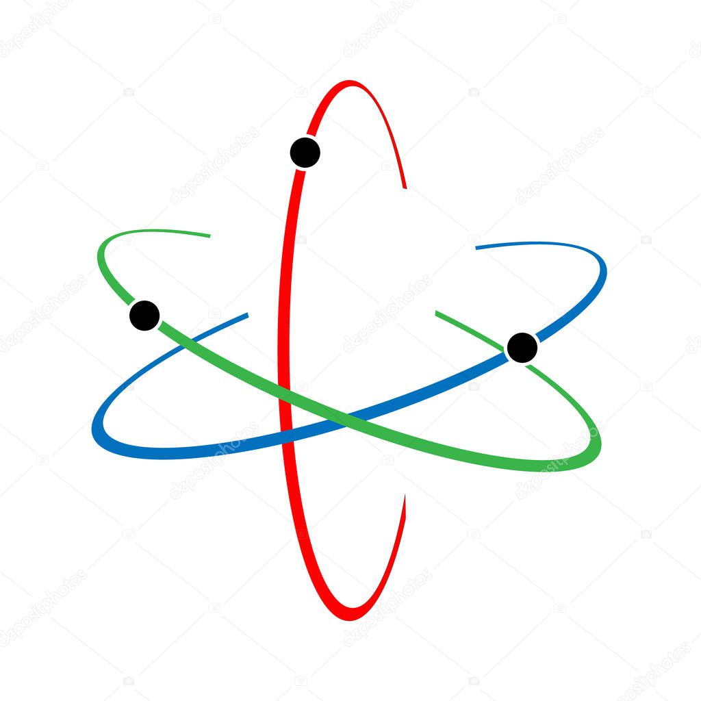 Atom icon. raster illustration. Symbol of science, education, nuclear physics, scientific research. Three electrons rotate in orbits around atomic nucleus. Concept of elementary particles design.