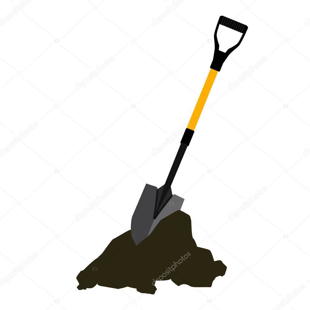 Shovel in the ground. Gardening tool on white background. Isolated shovel in heap of soil