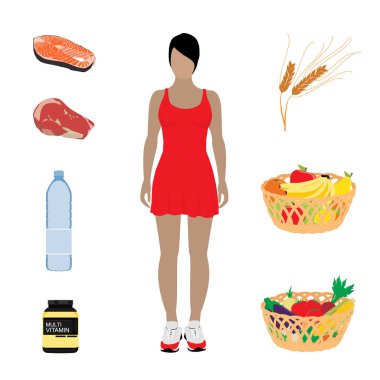 Raster illüstrasyon sağlıklı yaşam tarzı, yaşam ve aktif yaşam kavramı. Sağlıklı gıda meyve, sebze, et, Balık ve su yemek spor kadın