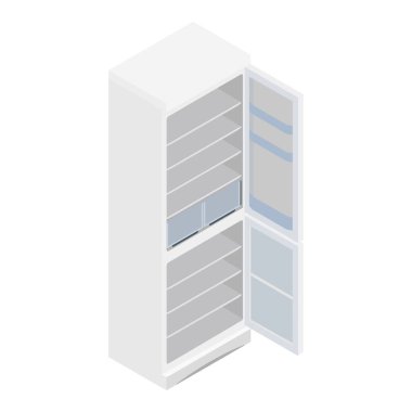Raster illüstrasyon izometrik gri boş buzdolabı açıldı. Buzdolabı ya da buzdolabı simgesi