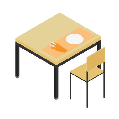 İzometrik mutfak iç tasarım öğeleri. Masa ve sandalye. Plaka, bıçak ve çatal kumaş peçeteye mutfak masasında. Mutfak bıçakları