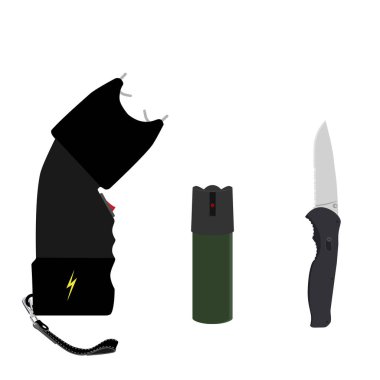 Raster şişe biber gazı, bıçak ve beyaz arka plan üzerinde izole şok tabancası. Biber gazı spreyi, hançer ve electoshock. Silah Icon set