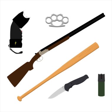 Biber gazı, bıçak, tüfek, beyzbol sopası, eklemleri ve beyaz arka plan üzerinde izole taser raster şişe. PP savunma silah Icon set
