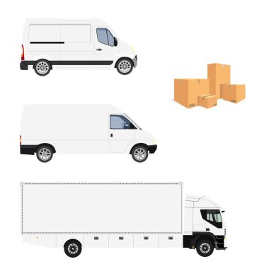 Raster illüstrasyon kargo kamyon, iki minivan ve karton kutular yığını. Beyaz konteyner kamyonla. Teslimat ulaşım küme, koleksiyon. Teslimat Servisi simgesini. Teslimat van