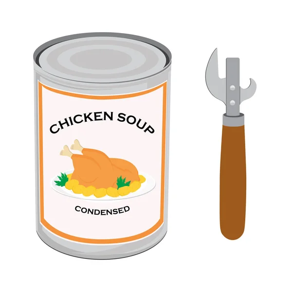 Raster illustration can of chicken soup and can opener isolated on white background. Canned food