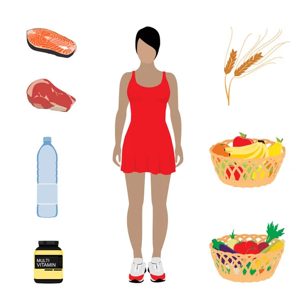 ラスター図の健康的なライフ スタイル ライフ アクティブな生活のコンセプト 食べる健康食品果物 水スポーツ女 — ストック写真