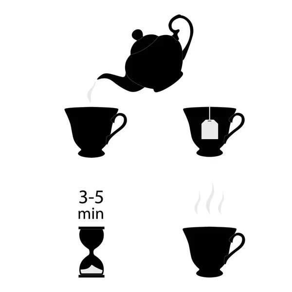 Tea Brew Instruction Icons Set Black Silhouette Tea Icons Tea — Stock Photo, Image