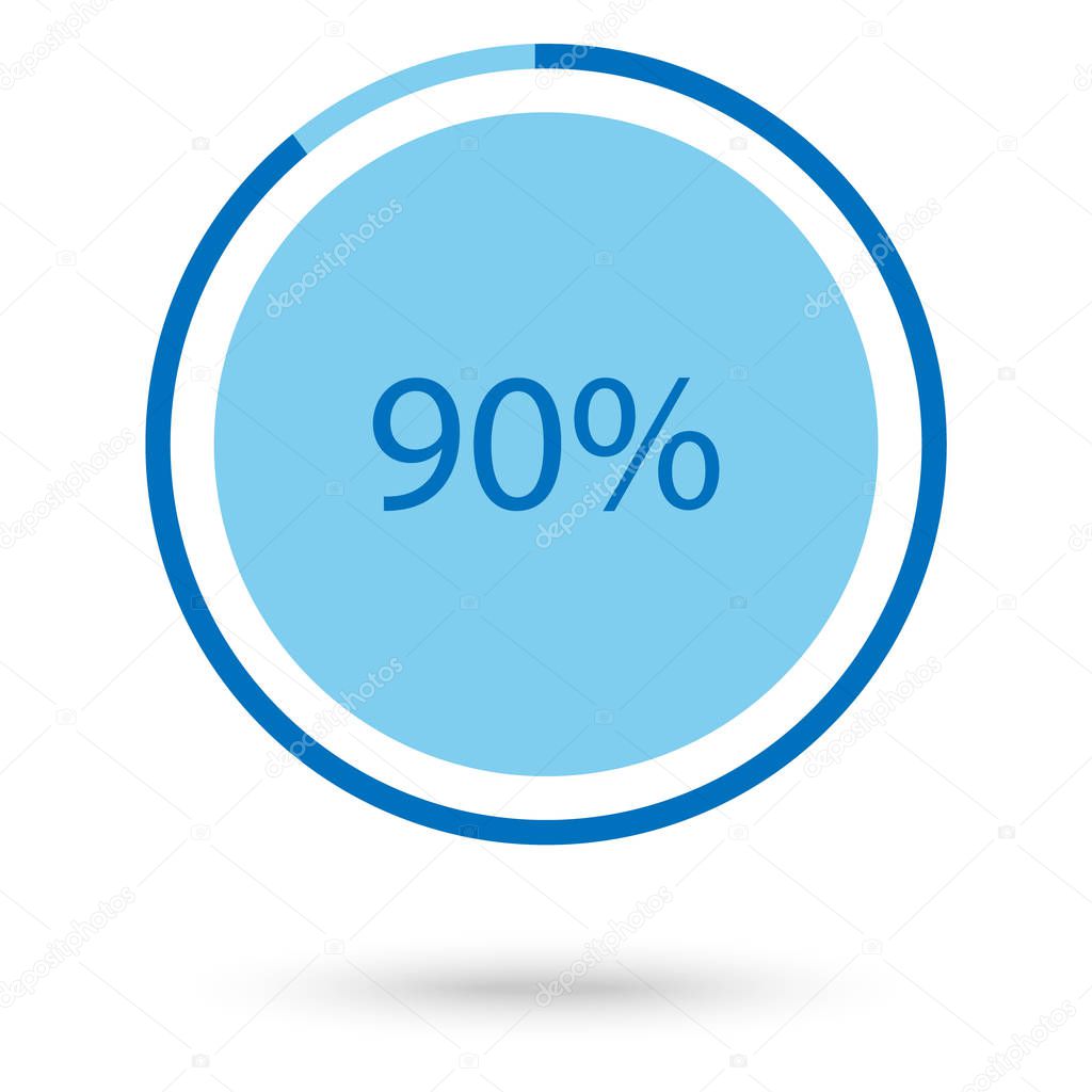 Raster illustration blue round, circle pie graph, chart with percentage 90 icon