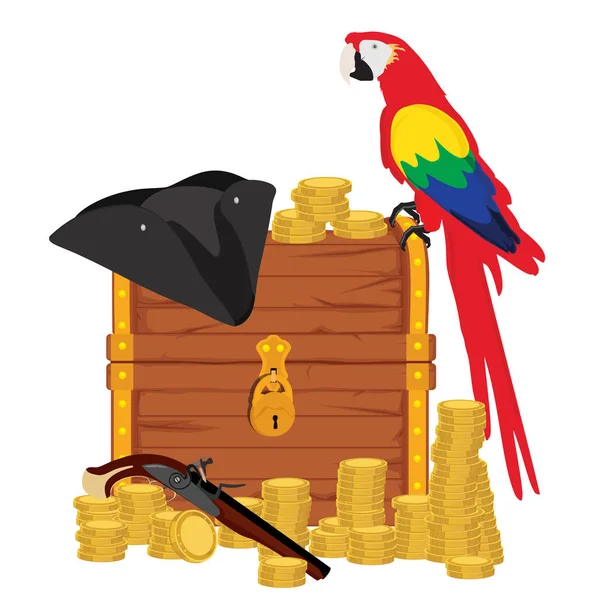Векторні Ілюстрації Скарбів Грудей Білим Золотом Папугою Піратським Капелюхом Гвинтівкою — стоковий вектор