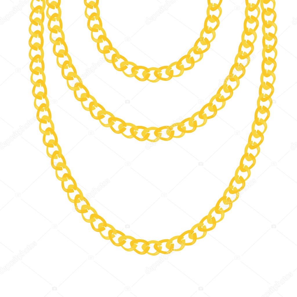 Gold necklace. Golden chain. Luxury brilliant jewelry pendant or coulomb on background isolated vector illustration for ads, flyers, wed site sale elements design