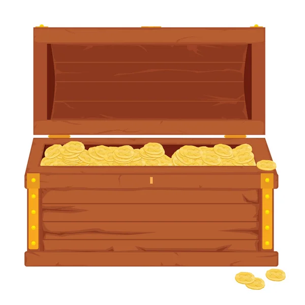 漫画のベクトルのアイコン白地宝コインの黄金色の金属ストライプで茶色の木製海賊胸を開かれました — ストックベクタ
