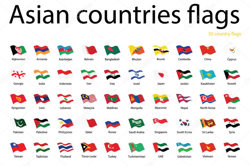 Asian countries waving flags vector icon set. 50 countries flags