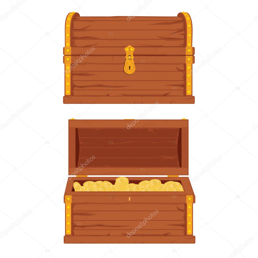 Vector set of icons with cartoon closed and opened brown wooden pirate chests with golden metal stripes and padlock, full of treasure coins on white background