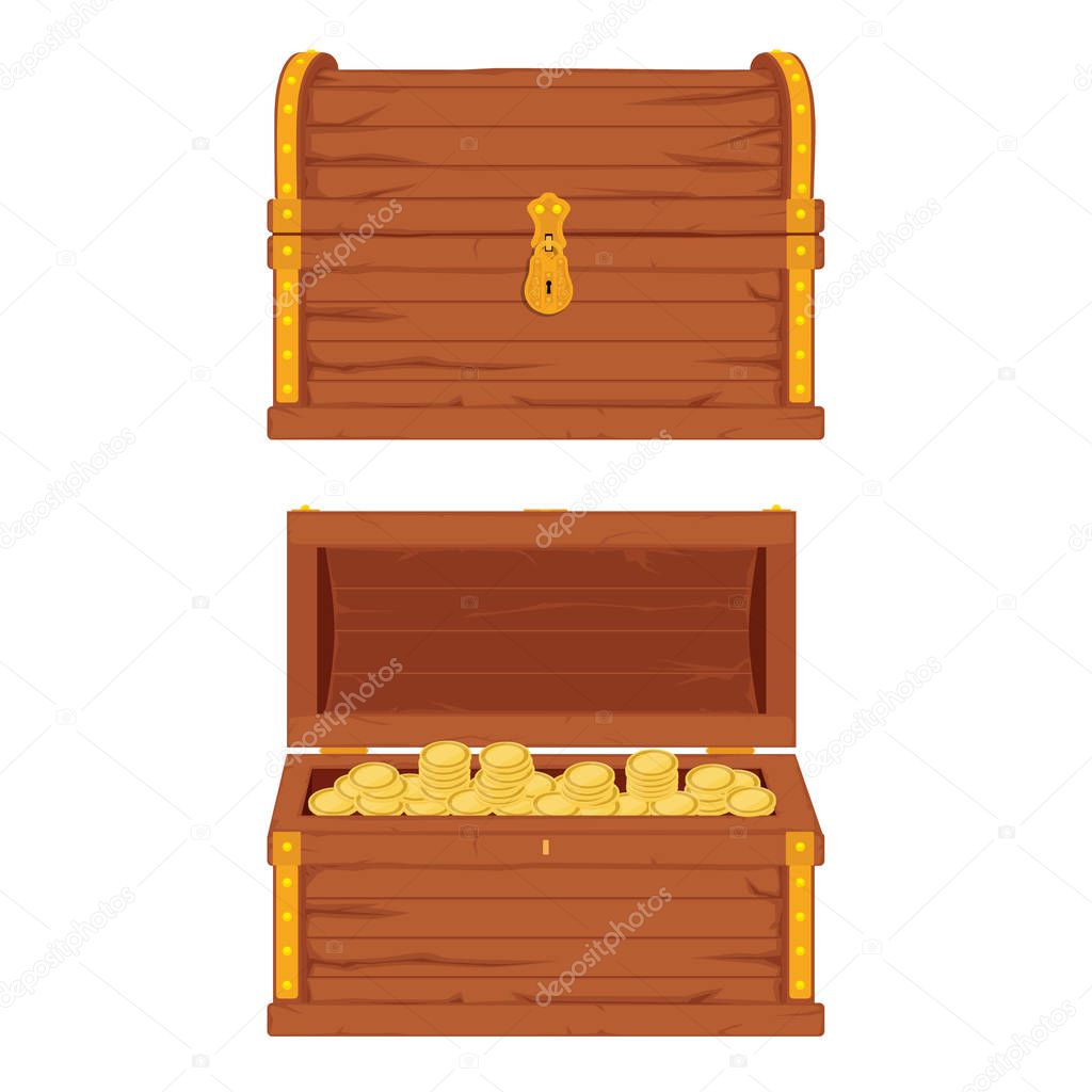 Vector set of icons with cartoon closed and opened brown wooden pirate chests with golden metal stripes and padlock, full of treasure coins on white background