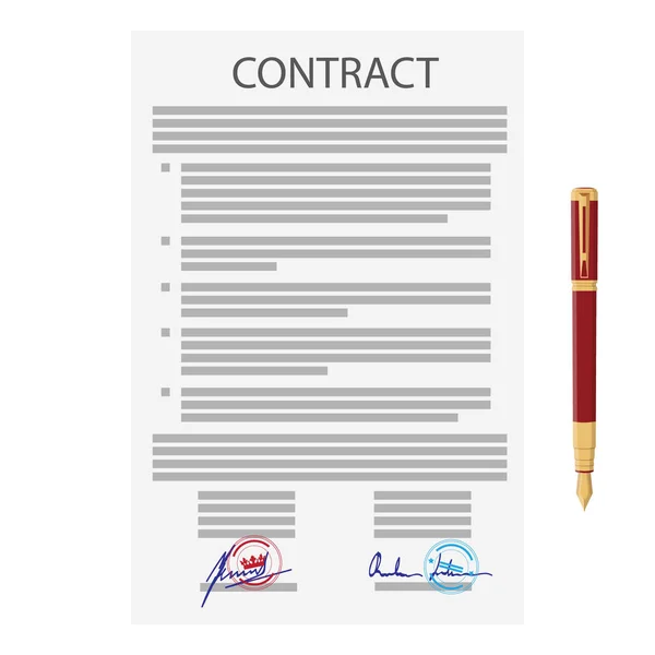Vektorillustration Des Unterzeichneten Geschäftsvertrages Vertragssymbol Mit Goldenem Rotem Stift Und — Stockvektor