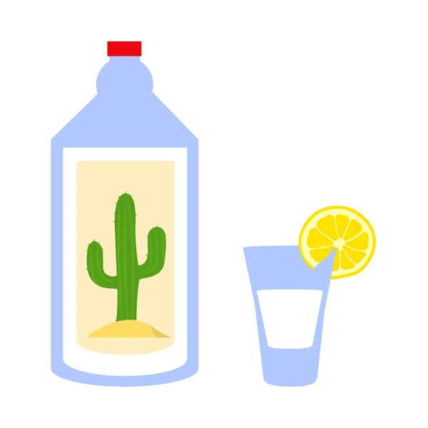 Tequila Bottle Short Drink Lemon Cactus Symbol Alcohol Tequila Vector — Stock Vector