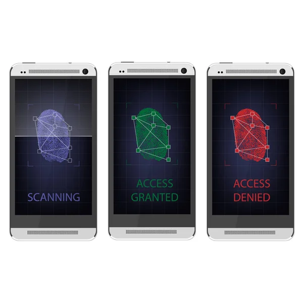Escaneando Huellas Dactilares Smartphone Desbloquear Teléfono Móvil Acceso Denegado Concedido — Vector de stock