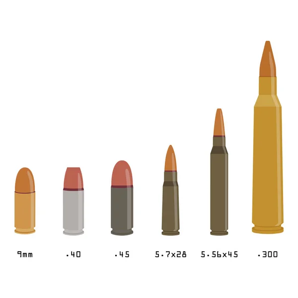 Векторная Иллюстрация Различных Типов Пуль Изолированных Белом Фоне Калибр Стрелковых — стоковый вектор