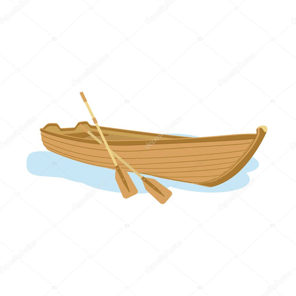 Wooden boat with oars vector illustration isolated on white.