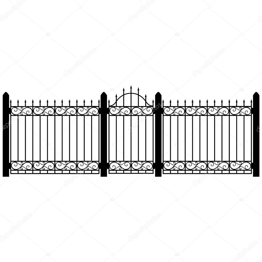 Vector illustration wrought iron modular railing and fence. Vintage gate with swirls. Black forged lattice fence