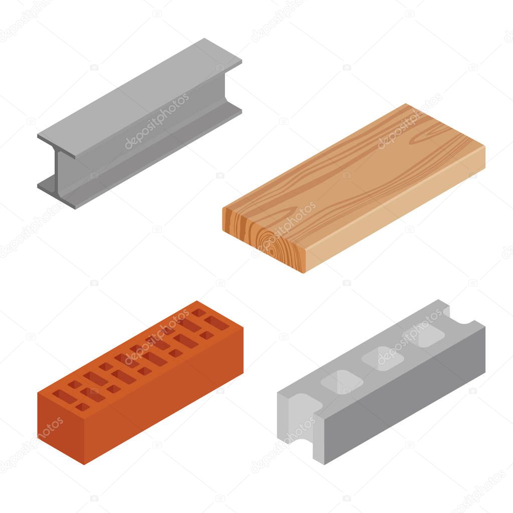 Vector illustration isometric realistic rasped wooden timber plank for building construction or floring. Construction steel beam for architectural works. Cement block and brown bricks