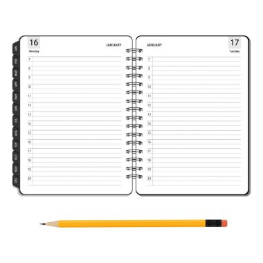 Vektör çizim açık günlüğü, planlayıcısı veya defter ve kalem silgi düz tarzı. Ofis ve iş malzemeleri listeler, uyarı mektupları, zamanlamaları veya gündemler.