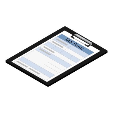 Vektör çizimi 3d izometrik siyah pano ile gelir vergisi formu simgesi beyaz arka plan üzerinde izole. Federal gelir vergisi formu. Vergi iadesi