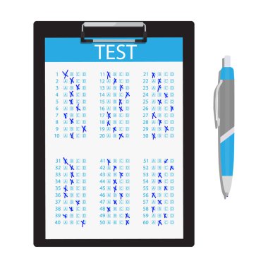 Vektör çizim siyah pano ile top ve test kağıt kalem web simgesi beyaz arka plan üzerinde izole.