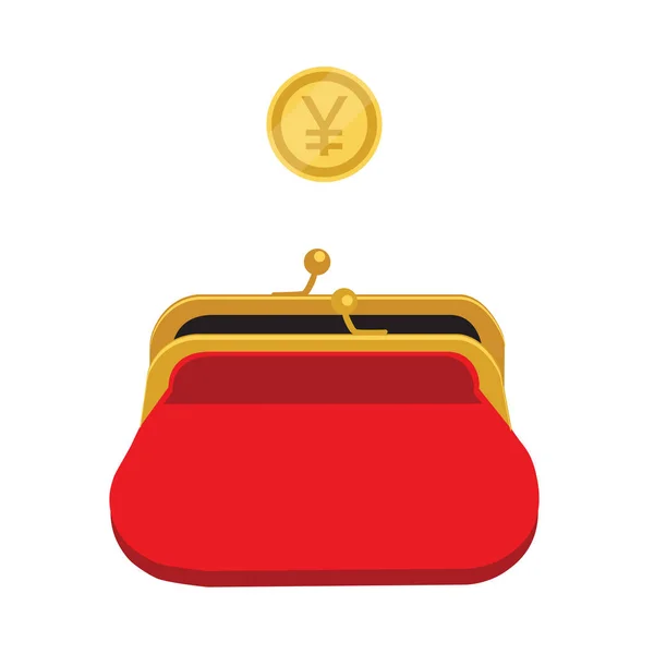 赤いレトロな財布恋図黄金円コインをベクトルします ドロップは 財布を開きます お金の概念を保存 — ストックベクタ