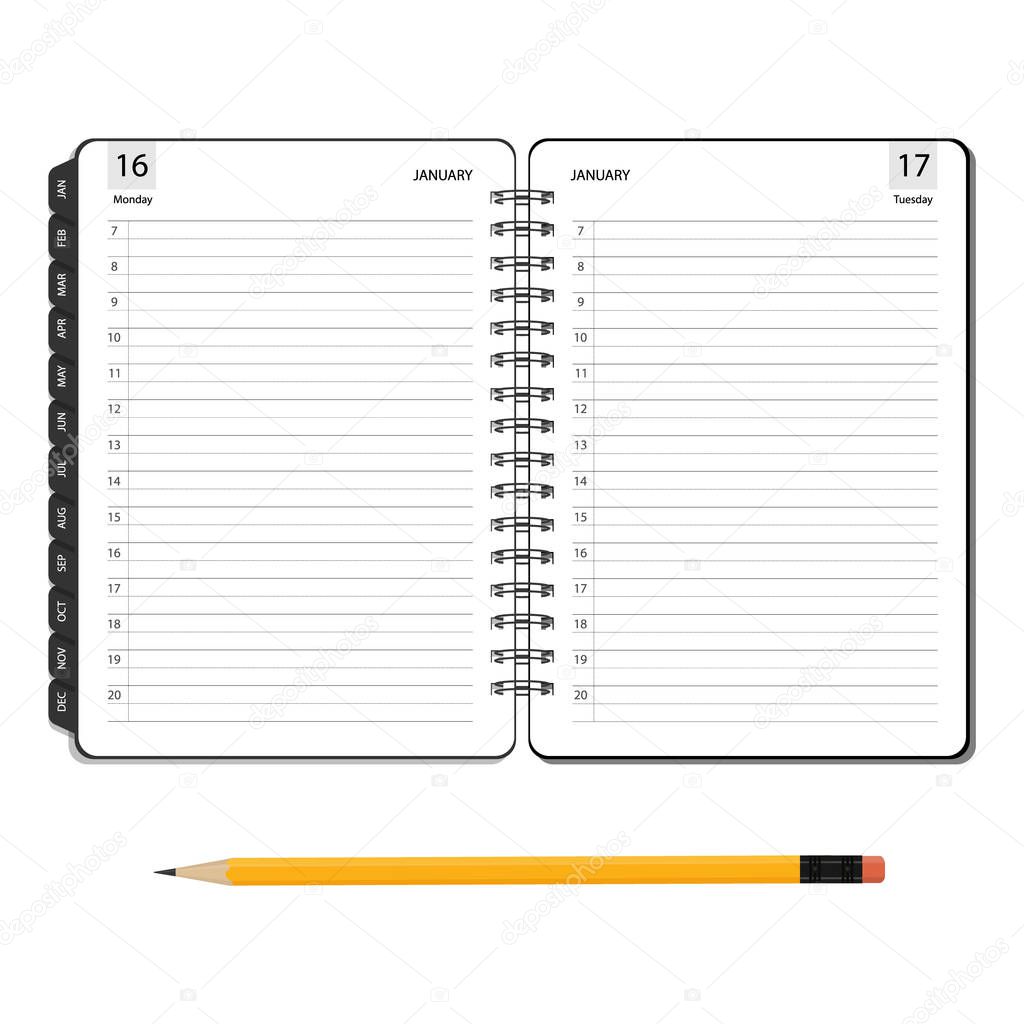 Vector illustration open diary, planner or notebook and pencil with eraser in flat style. Office and business supplies for lists, reminders, schedules or agendas.