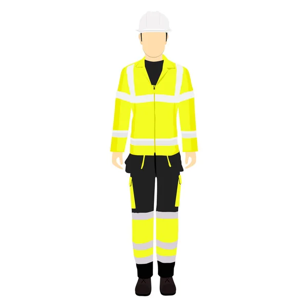穿制服的工人 专业防护服 靴子和白色安全帽 — 图库矢量图片