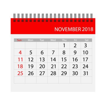 Kasım 2018 takvim. Takvim etiket tasarım şablonu. Hafta Pazar günü başlar. İş vektör çizim.