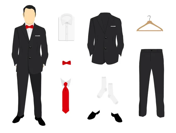 ベクトルの図 エレガントな男性ファッション ジャケット パンツ シャツ 白で隔離の靴とスーツ制服 — ストックベクタ