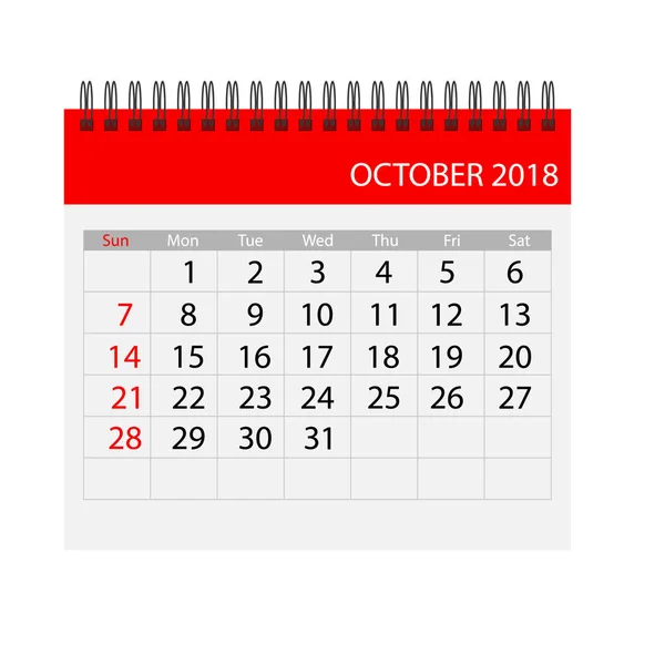 Calendario Ottobre 2018 Adesivo Calendario Modello Design Settimana Inizia Domenica — Vettoriale Stock