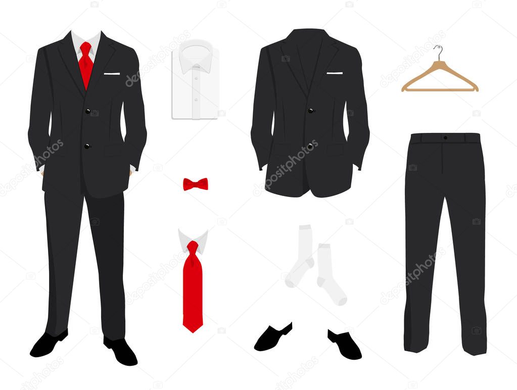 Vector illustration. Elegant  men fashion, suit uniform with jacket, pants, shirt and shoes isolated on white