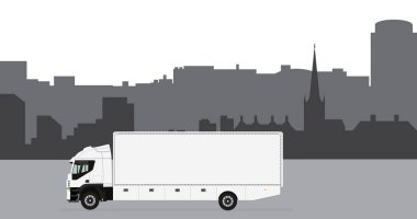 Vektör çizim şehir manzarası akşam saat. Şehir manzarası arka plan. Beyaz kargo kamyon sürüş yolda. Konteyner ile kamyon. Teslimat ulaşım