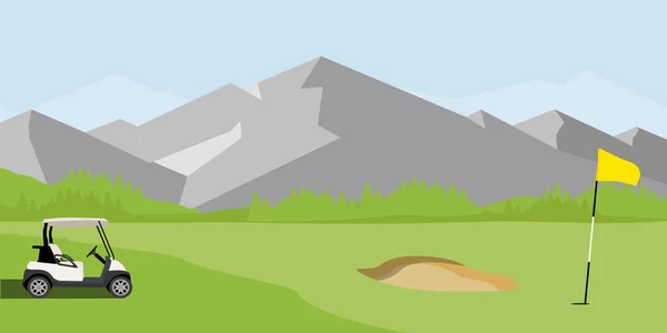 向量例证高尔夫球场 旗子和车与蓝色俱乐部袋子 山风景或背景 高尔夫球 — 图库矢量图片