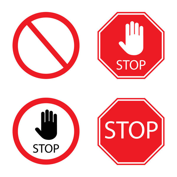 Stop signs collection in red and white, traffic sign to notify drivers and provide safe and orderly street operation. Vector flat style illustration isolated on white background
