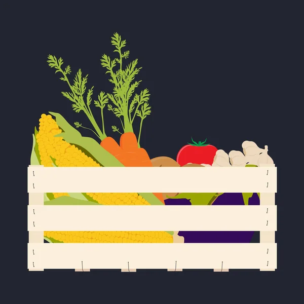 Vector Εικονογράφηση Ξύλινο Κουτί Λαχανικά Τρόφιμα Καρότα Πατάτες Τομάτες Μελιτζάνες — Διανυσματικό Αρχείο