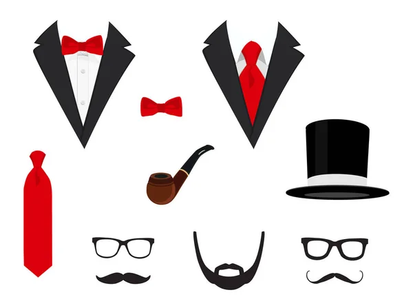 Men Jackets Tuxedo Mustaches Glasses Beard Pipe Top Hat Wedding — Stock Vector