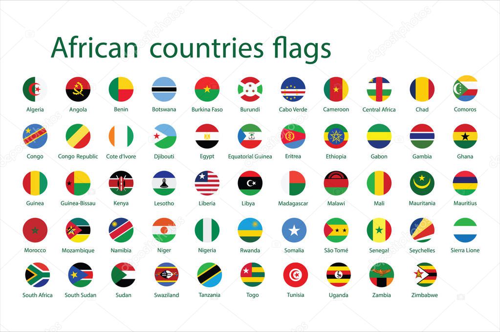 Alphabetically sorted circle flags of Africa. Set of round flags. Vector Illustration.