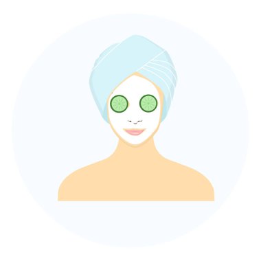 Vektör çizim yüz maskesi yüzü salatalık dilimleri olan güzel bir kadın. Yüz maskesi uygulamak nasıl adımlar