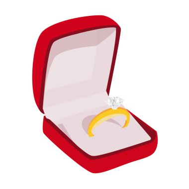 Güzel parlak altın nişan yüzüğü büyük taş elmas beyaz arka plan üzerinde izole zengin kırmızı kadife kutusunda. St Sevgililer günü teklif mevcut jest. 