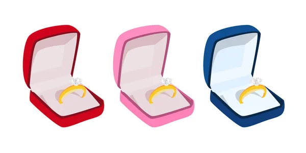 美しい光沢のある黄金の婚約指輪と大きな宝石ダイヤモンドの白い背景に分離された豊かなビロードの箱 聖バレンタインの日提案ジェスチャー存在 ピンク 青の宝石箱 — ストックベクタ