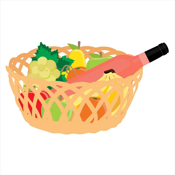篮子里有水果和一瓶葡萄酒 — 图库照片